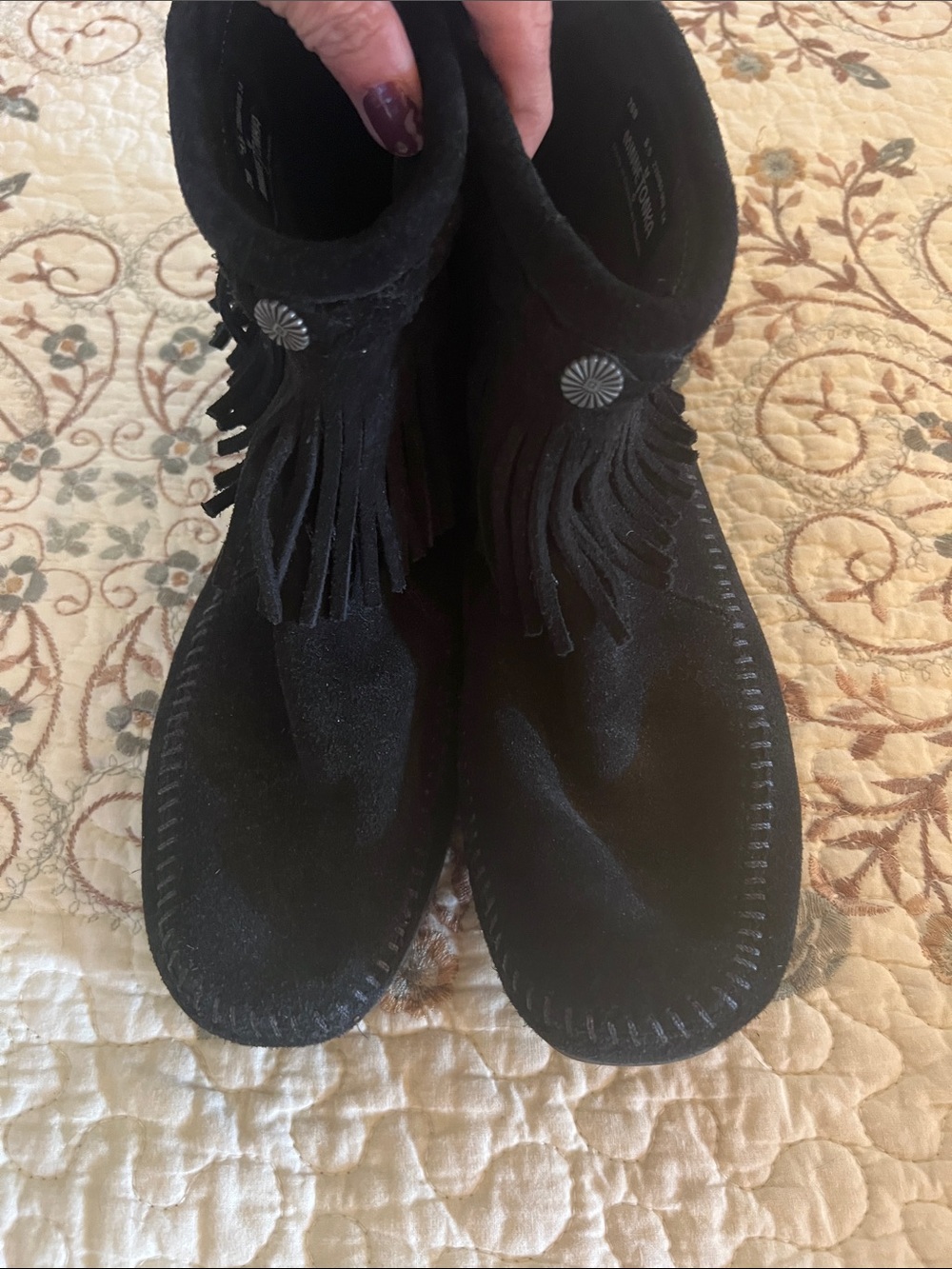 Minnetonka Black Suede Fringe Moccasin Boots